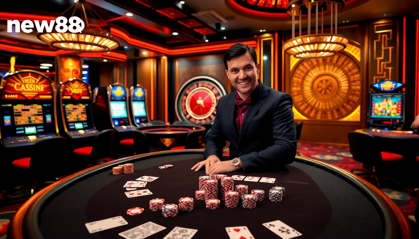 High-stakes poker game ambiance featuring new88bet casino elements with vibrant lighting.