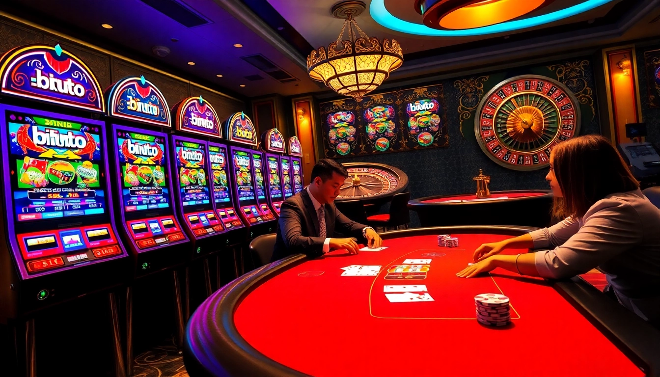 Para pemain menikmati mesin slot bertema Birutoto dalam suasana kasino yang hidup.