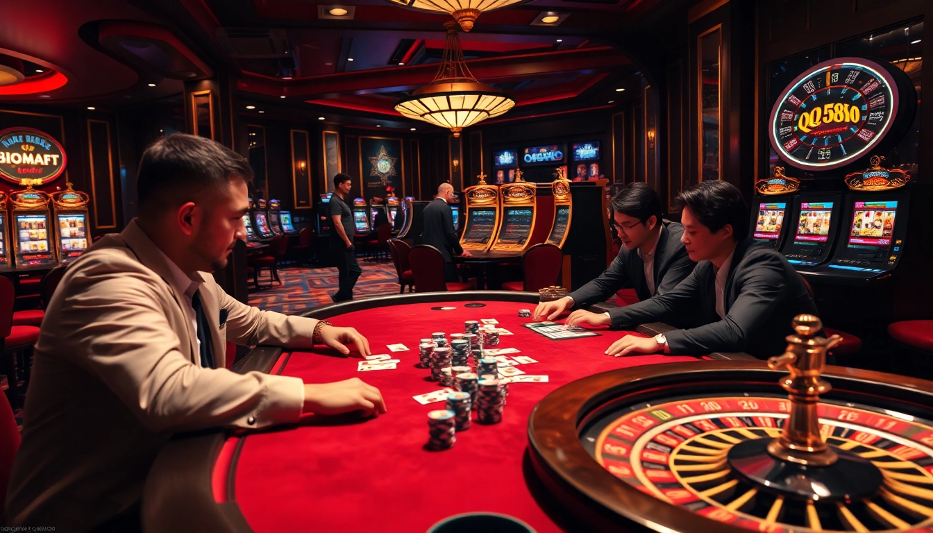 Players strategizing at a luxurious QQ888 poker table, surrounded by vibrant casino elements.
