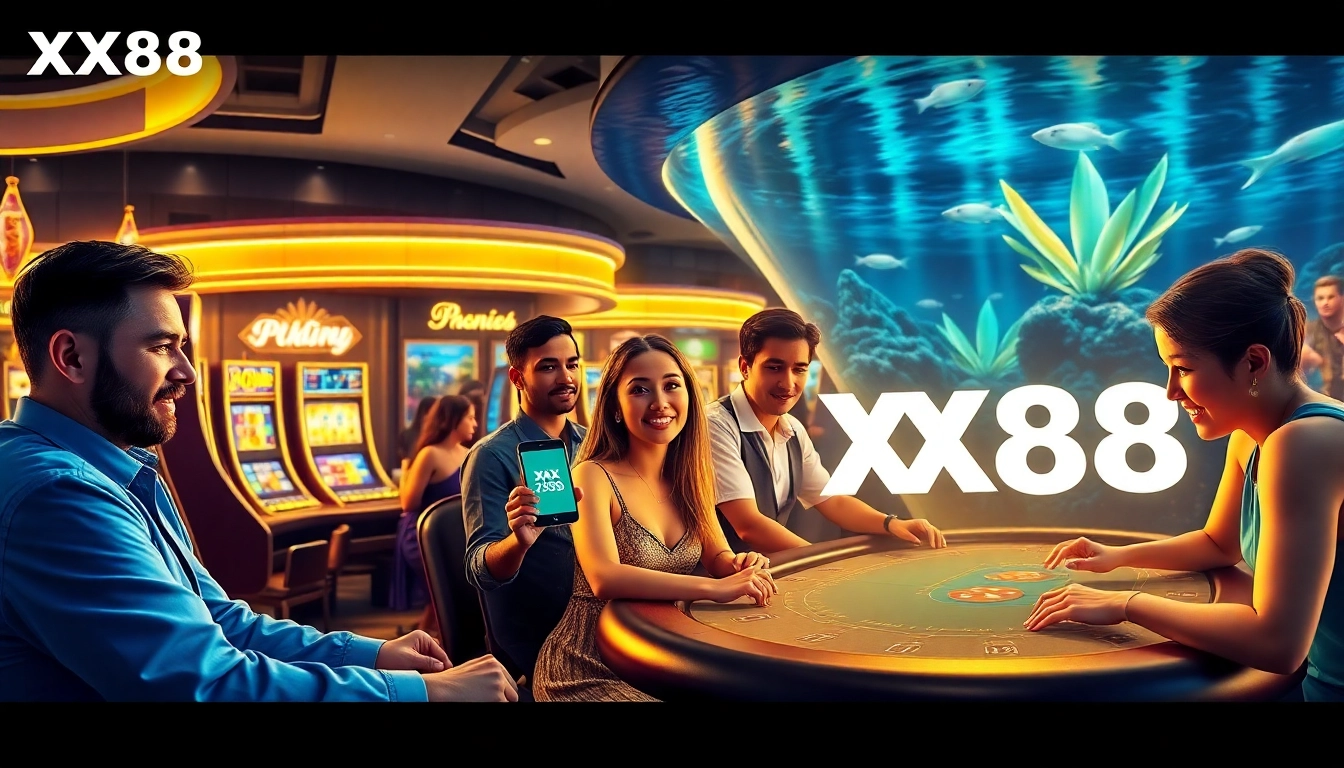 Engaging scene showcasing players enjoying the XX88 link online gambling experience, featuring vibrant casino decor.