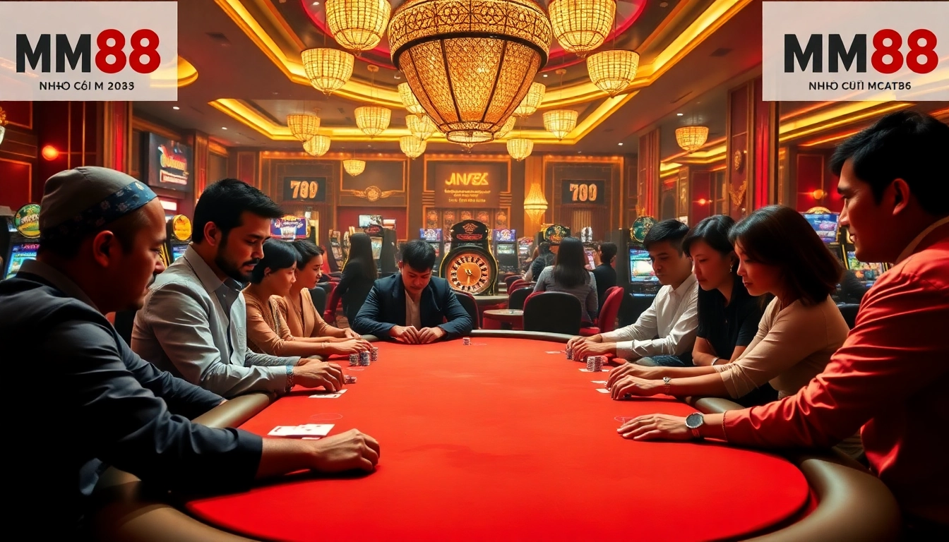Experience the excitement of NHÀ CÁI MM88 at a luxurious poker table in a vibrant casino.