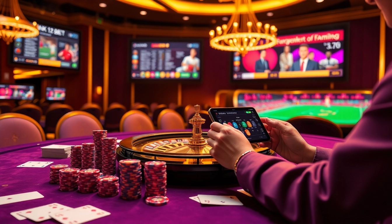Excited user accessing ink vao 12bet on smartphone amidst vibrant casino atmosphere.