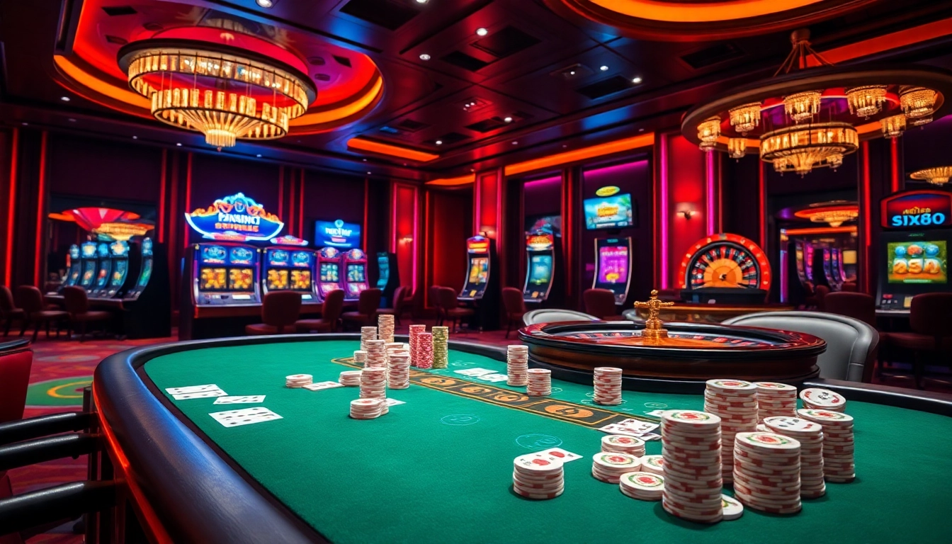 Exciting poker action at xx88 casino with vibrant lighting and lively atmosphere