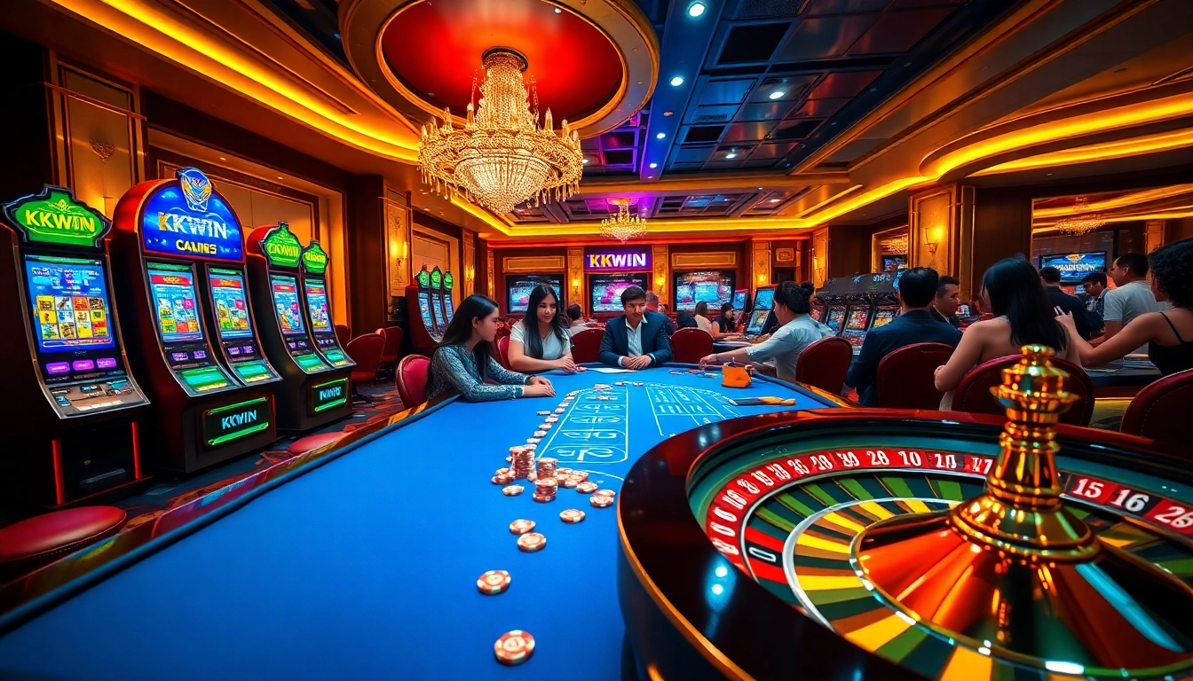 KKWIN online gambling table with vibrant slot machines and roulette wheel under warm lighting.