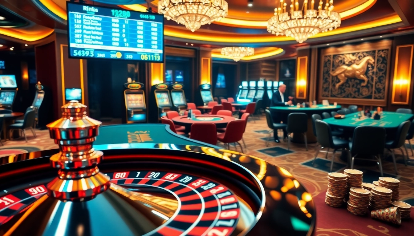 Experience the thrill of RR88 with a vibrant casino scene featuring roulette and poker.