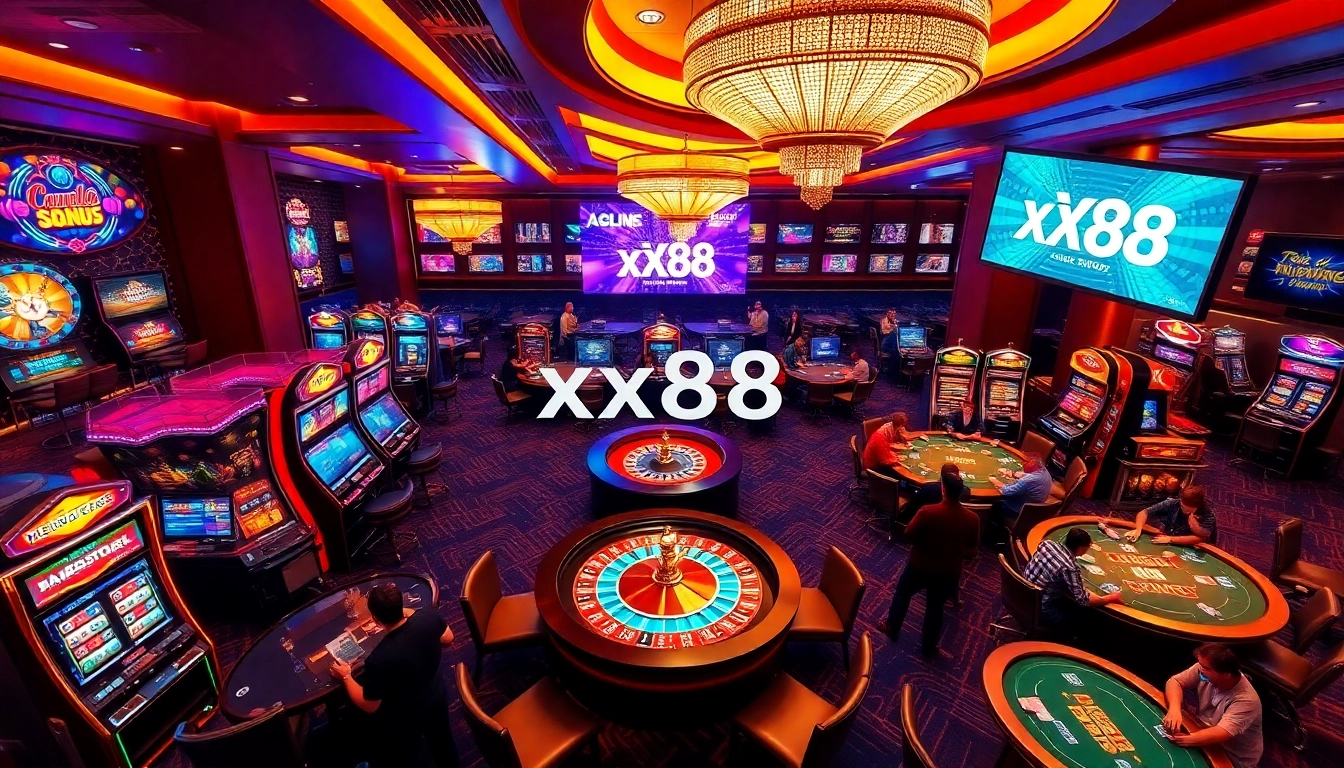 Exciting xx88 casino scene featuring slot machines, poker tables, and vibrant roulette.