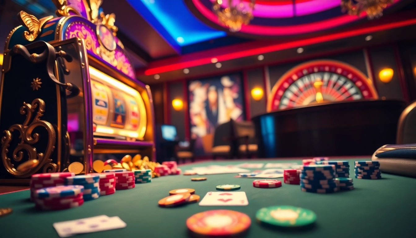 Exciting gambling scene at a slot사이트 with vibrant lights, poker chips, and roulette wheel.