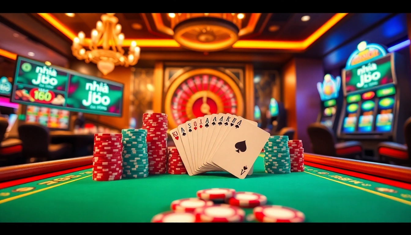 Engaging scene at nhà cái jbo showcasing poker chips and cards in an exciting casino atmosphere.