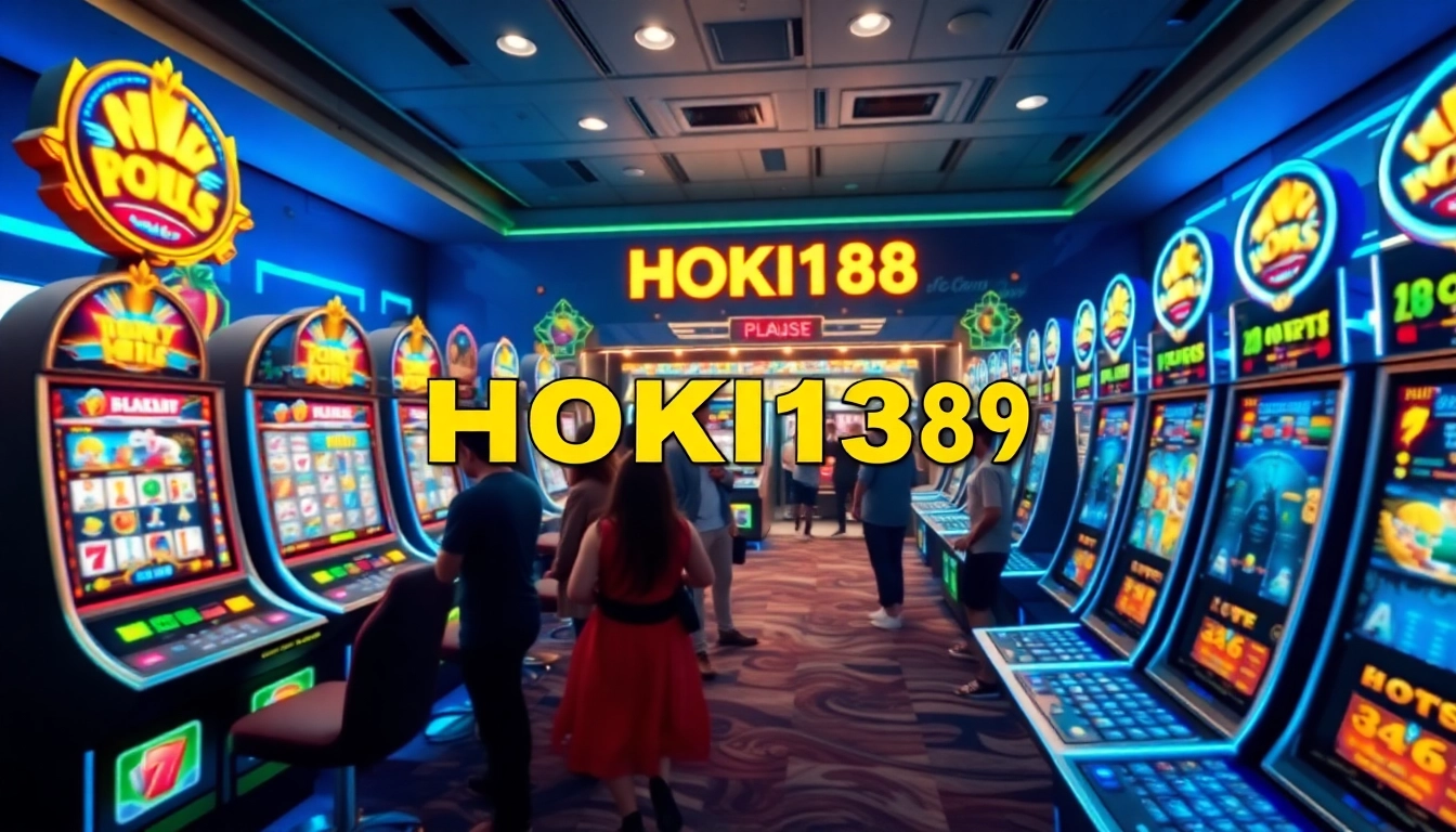 Exciting online gaming scene depicting HOKI138 with colorful slot machines and happy players.