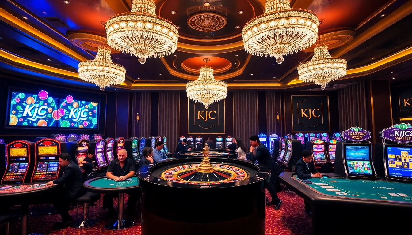 KJC casino scene featuring an elegant roulette wheel, vibrant players at tables, and glowing slot machines.