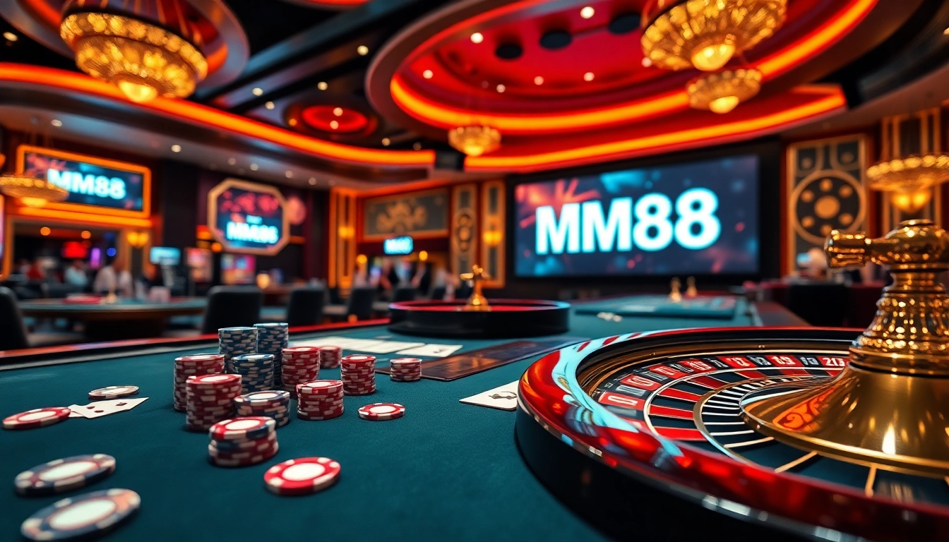 Exclusive gaming experience at https://mm88.how/ with luxurious poker tables and vibrant casino atmosphere.