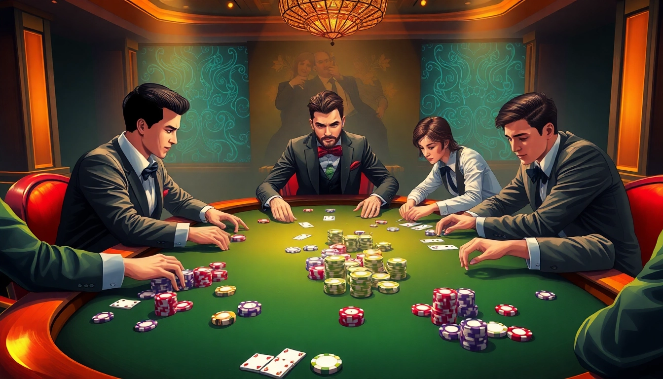 A thrilling poker game scene with players showcasing their skills and strategy, highlighting the 7xl סוכן brand in a luxurious casino setting.