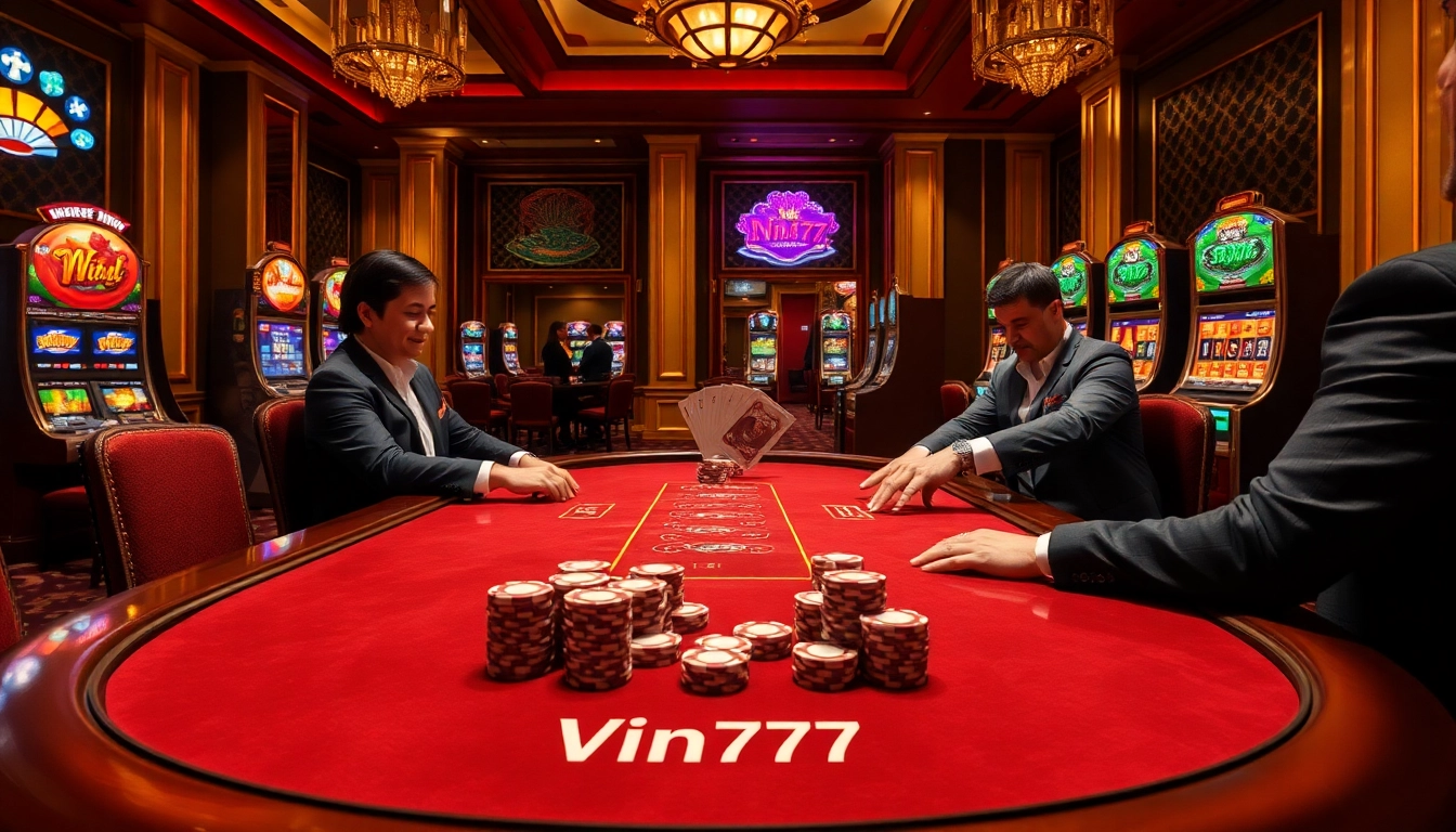 Intense poker action at Vin777 casino with vibrant chips and high-class decor.