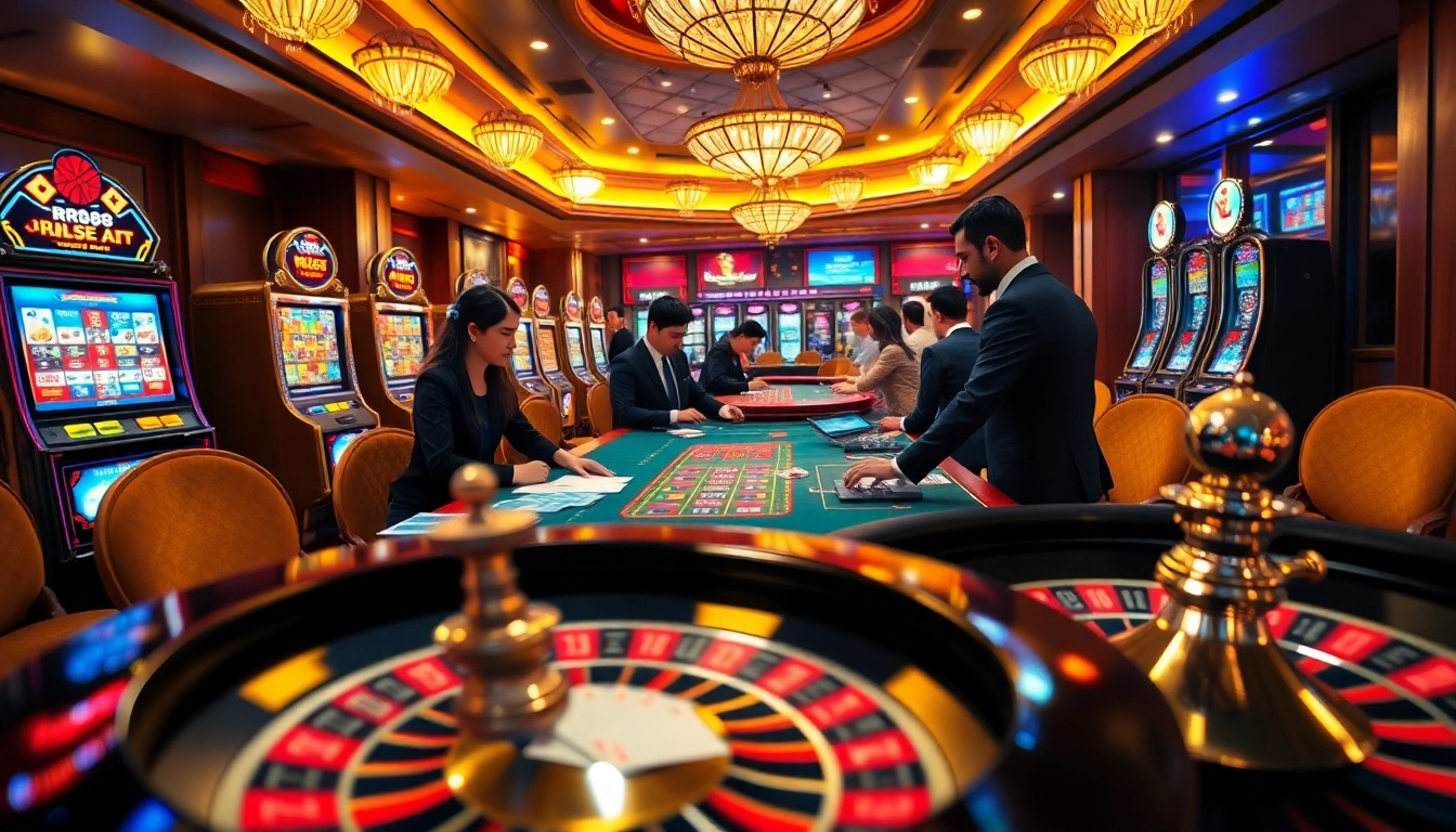 RR88 players strategizing bets at an elegant casino table with vibrant poker chips and cards.
