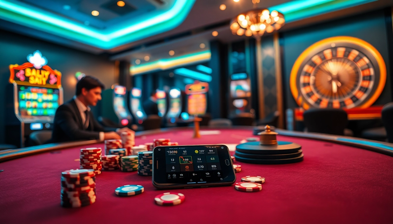 Cảnh sòng bạc cược cao với người chơi và ứng dụng Bet VIP trên điện thoại thông minh.