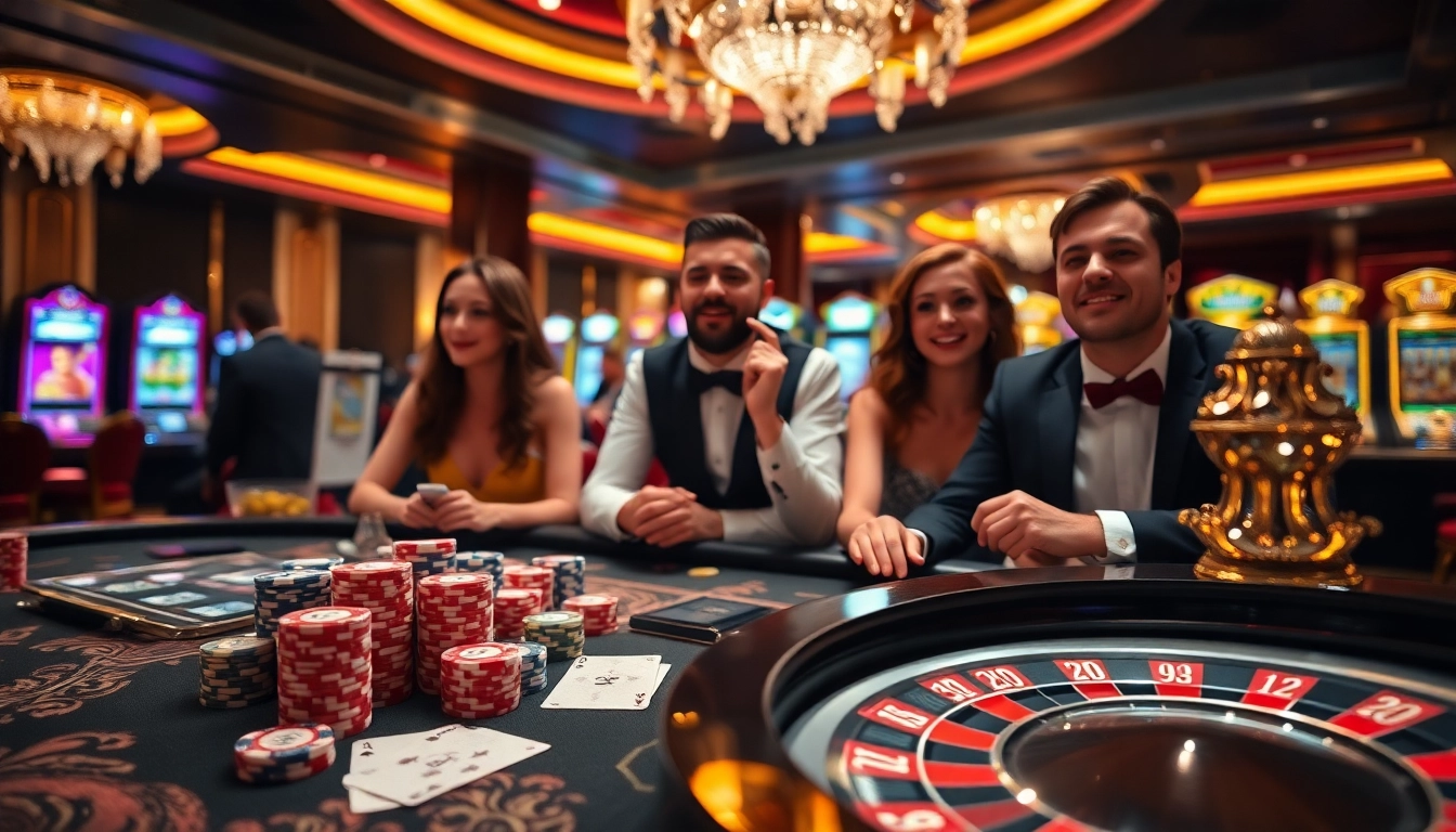 Dynamic casino scene showcasing players engaged at https://1haywin.us.com/ poker table with vibrant chips and cards.