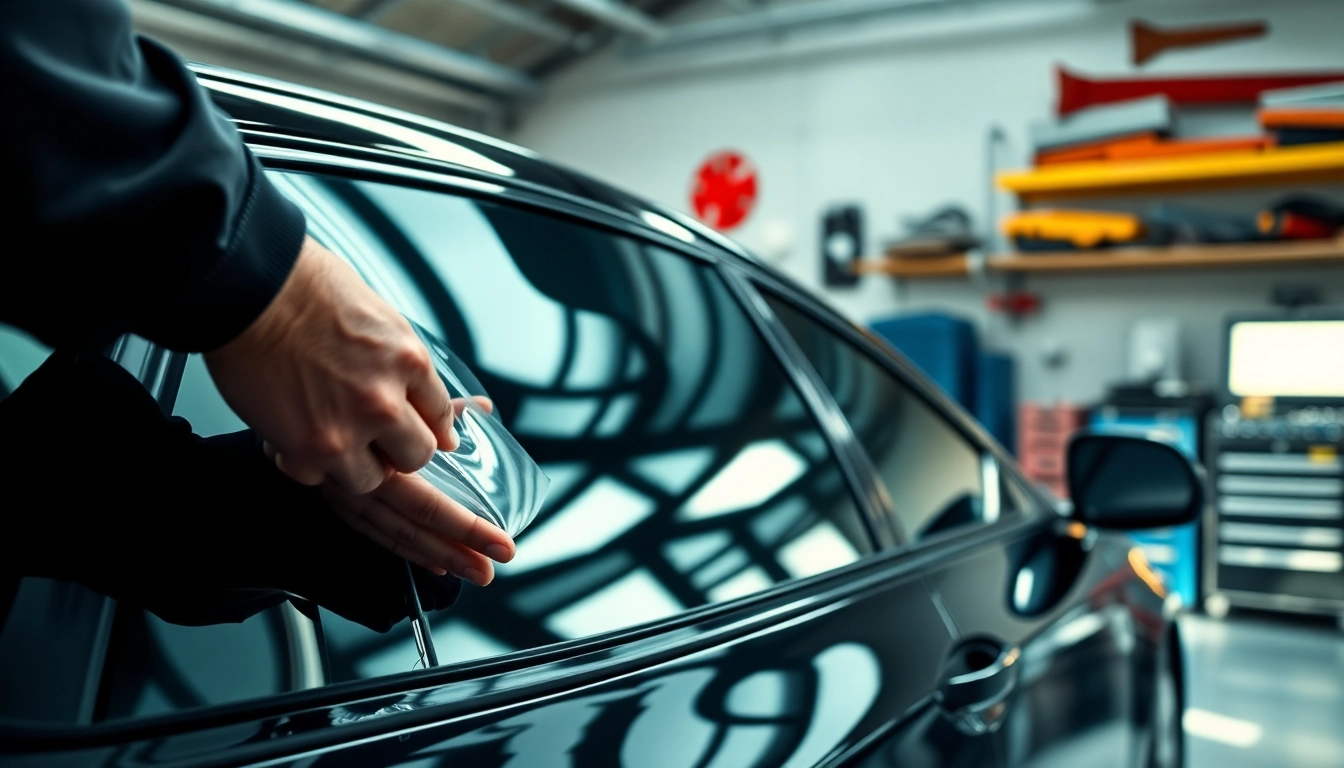 Technician installing ceramic window tint on a modern car for enhanced appearance.