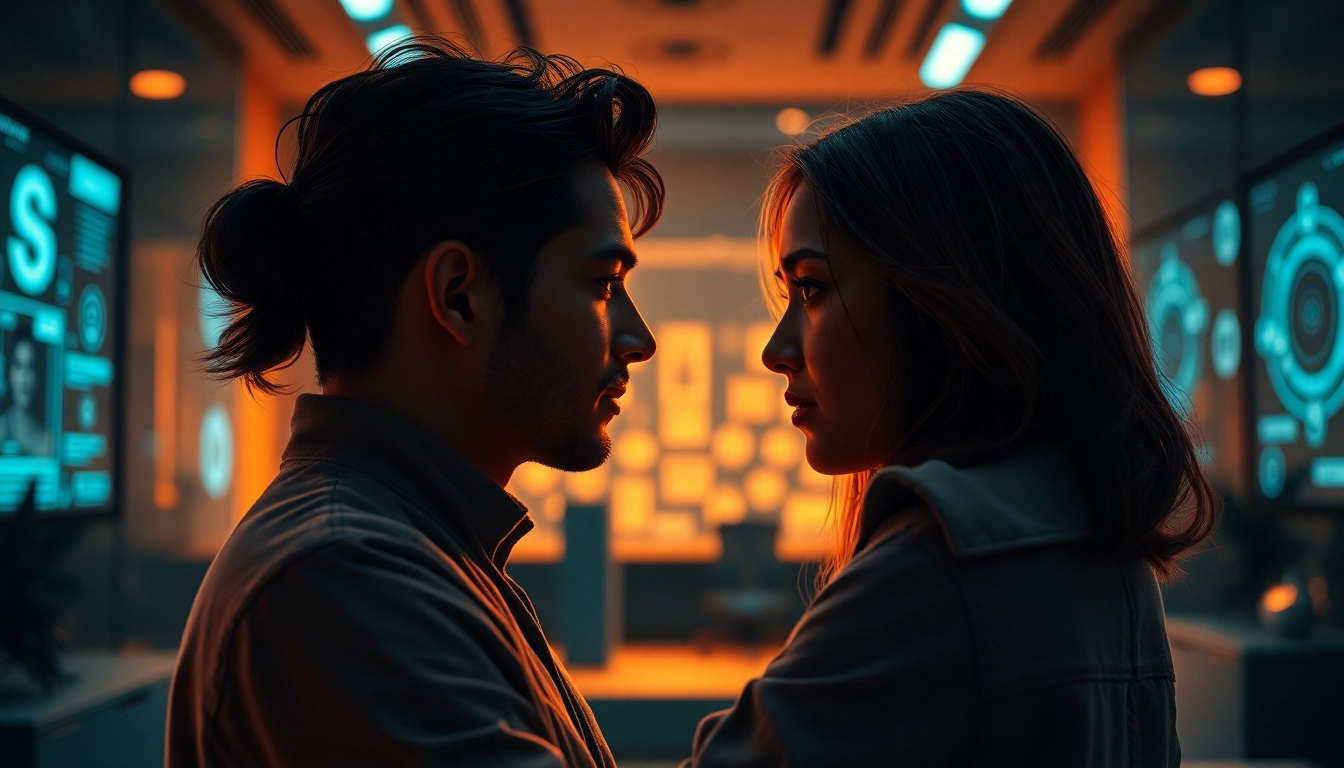 AI-generated couple sharing an intimate conversation in a modern, NSFW-themed setting.