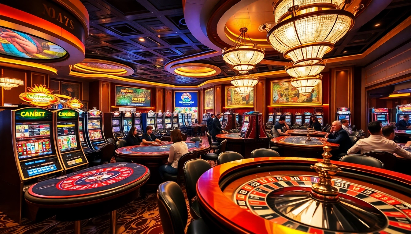 Man88 casino scene showcasing excited players at poker tables and bright slot machines.
