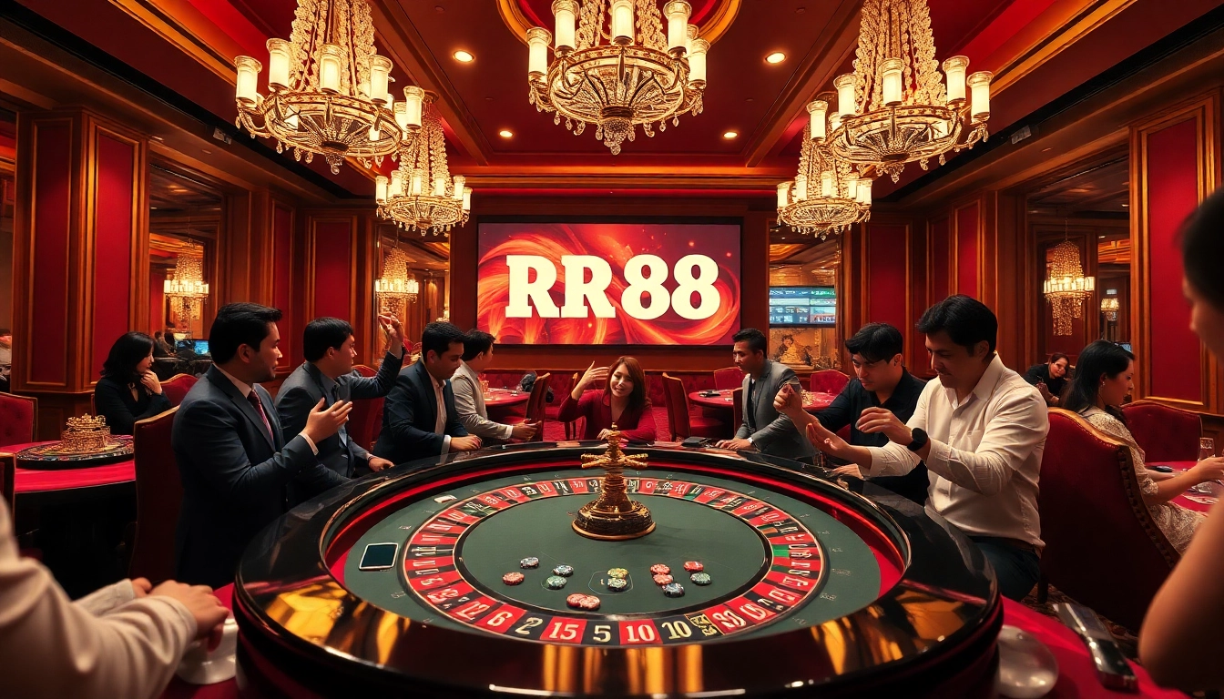 Experience high-stakes gambling at RR88's luxurious casino environment with roulette and eager players.