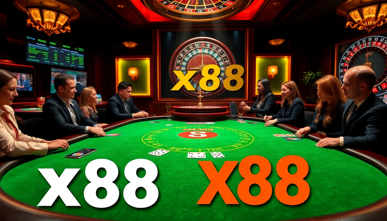 Players engaged at a luxurious xx88 poker table with vibrant chips and cards.