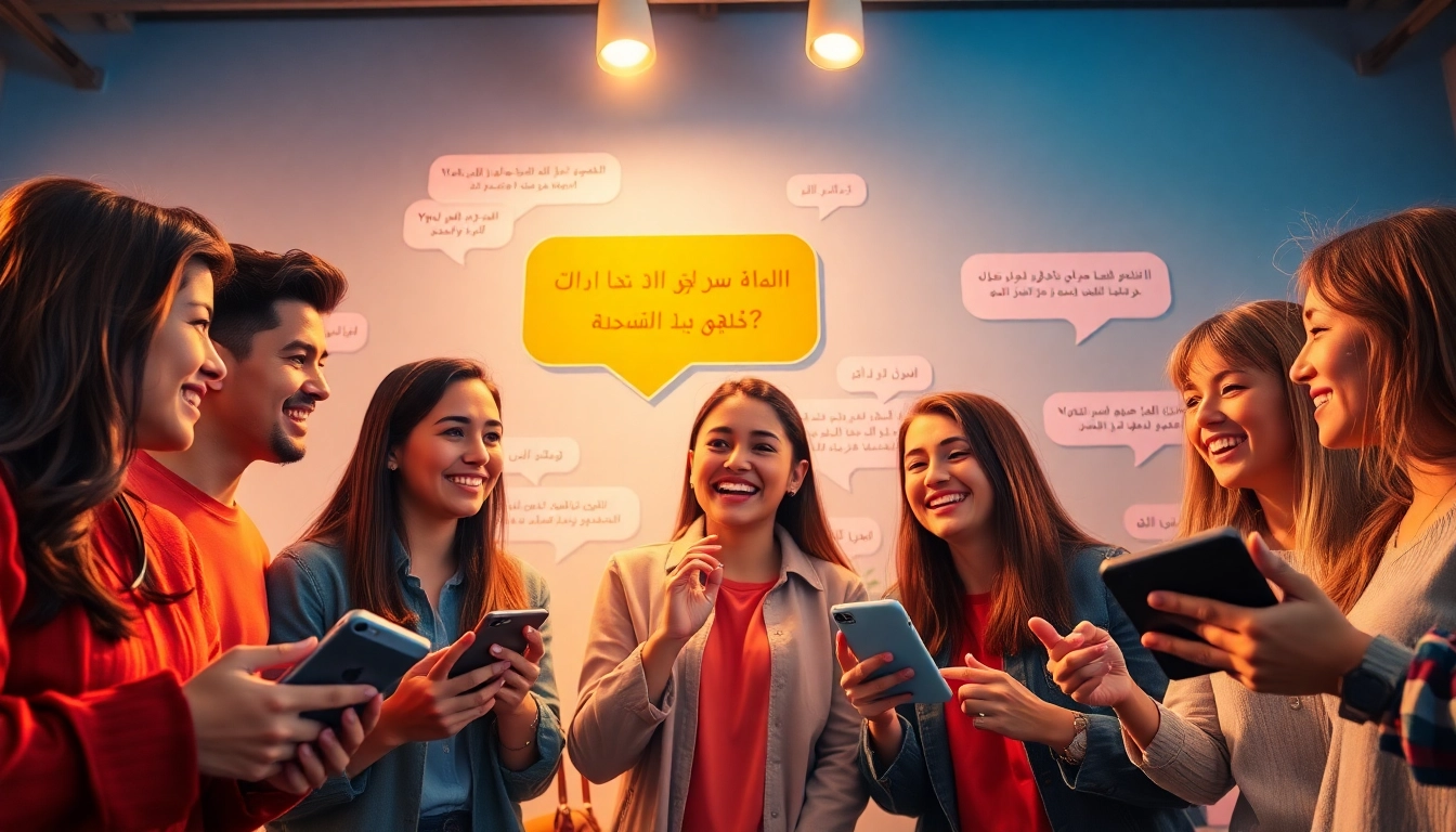 مشهد دردشة حيوي يعرض شات الرياض مع مجموعة من الشباب والشابات المتنوعين الذين يستخدمون أجهزة رقمية في أجواء ودودة.