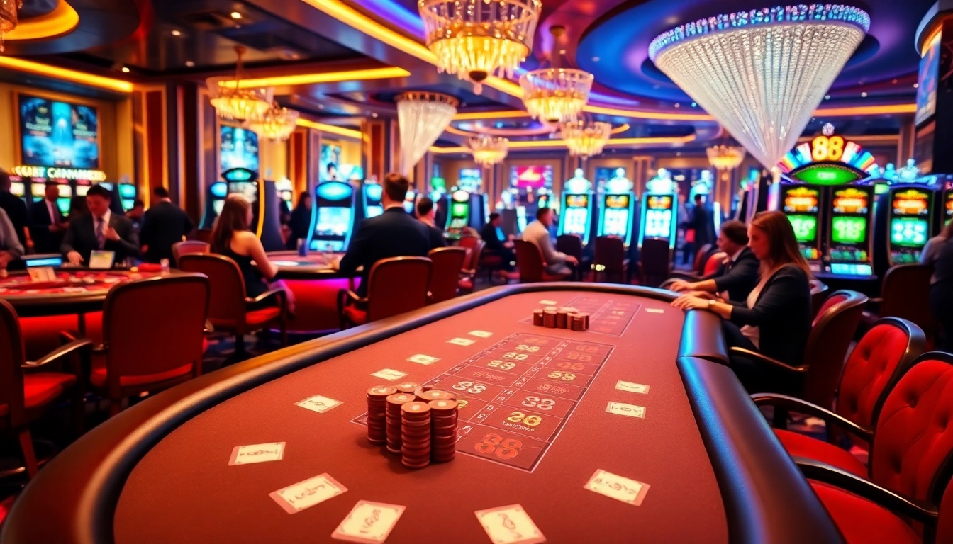 Players enjoying a thrilling casino experience at 88i, featuring poker tables and vibrant slot machines.