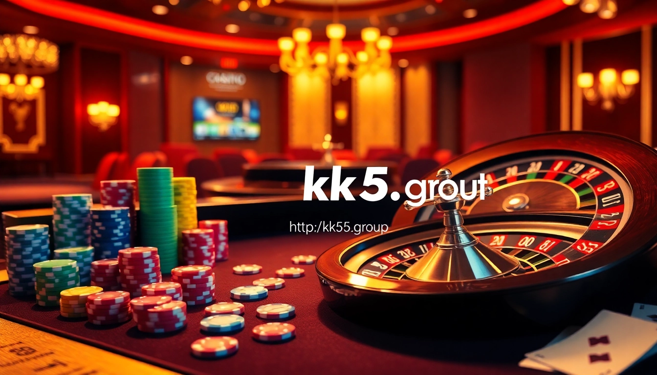 Gambling at a vibrant casino table featuring elements like poker chips and cards, promoting https://kk55.group.