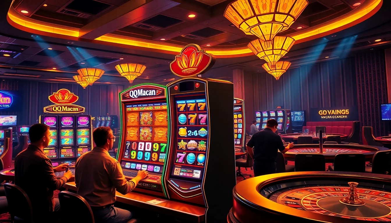 Players enjoying the thrill of QQMacan slot machines in a vibrant casino environment