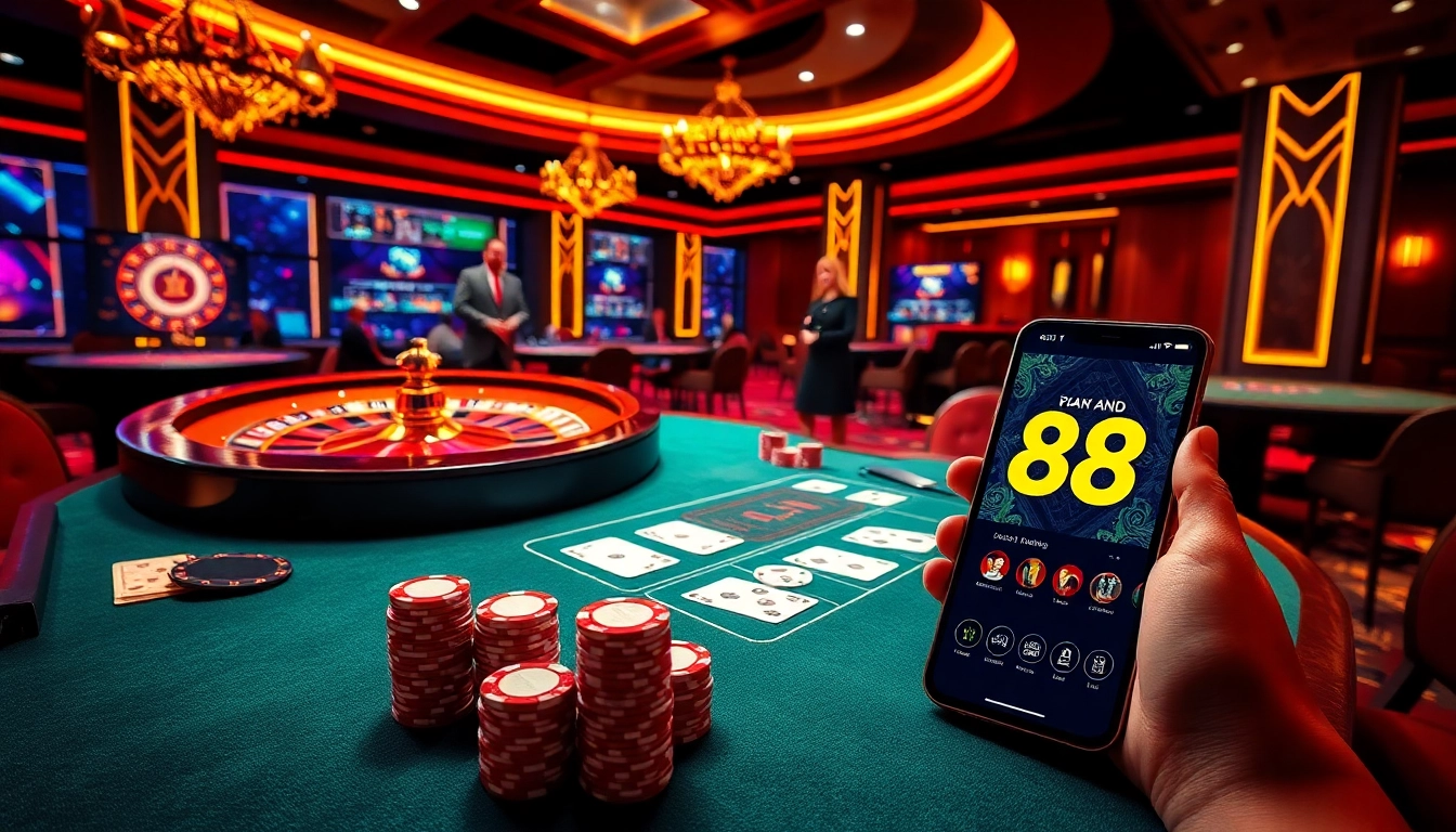 Experience the thrill of 88i online gambling with vibrant casino visuals featuring cards, chips, and roulette.