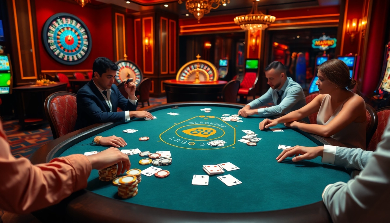 Players enjoy an intense poker game at the Man88 casino, showcasing luxury and excitement.
