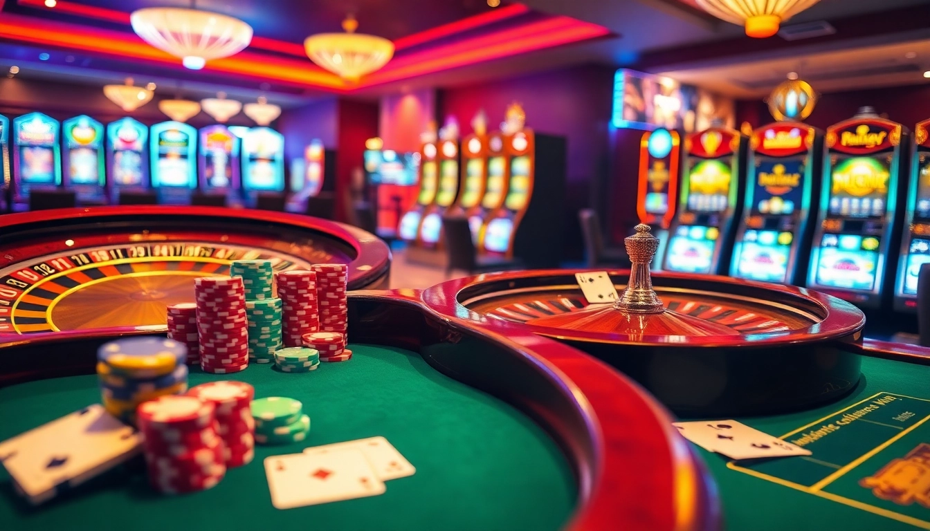 Hit club themed casino scene showcasing roulette, poker chips, and slot machines.