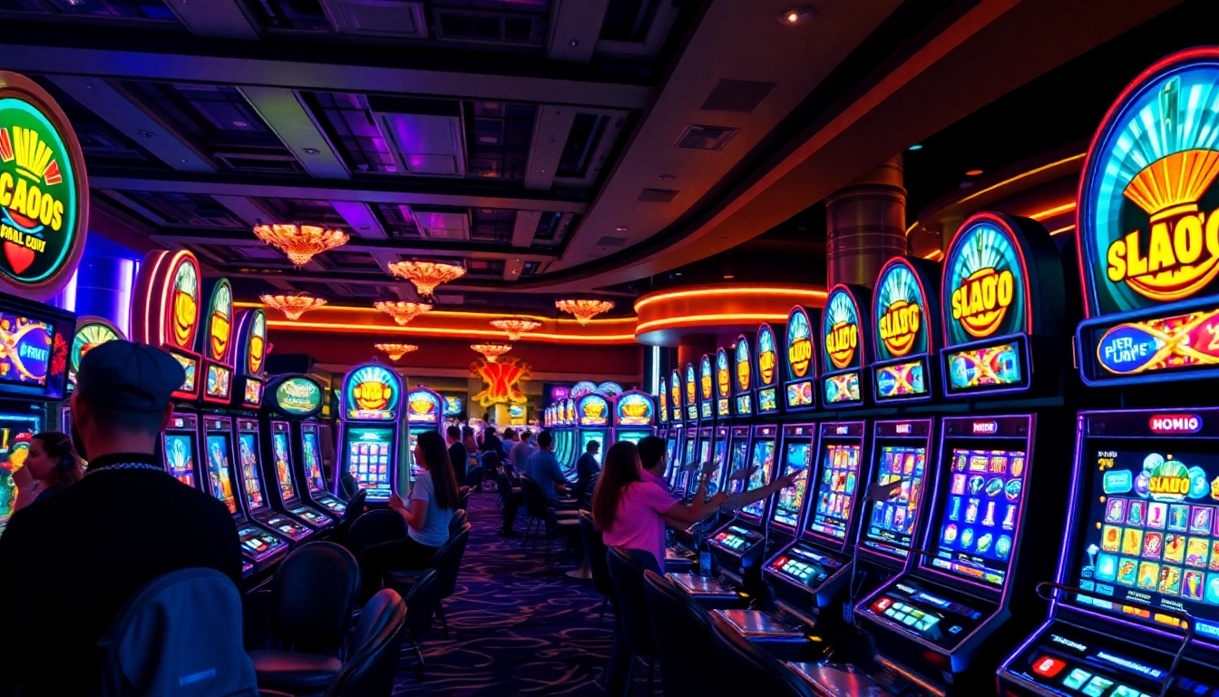 Experience the thrill of qqmacan with vibrant slot machines in a luxurious casino setting.
