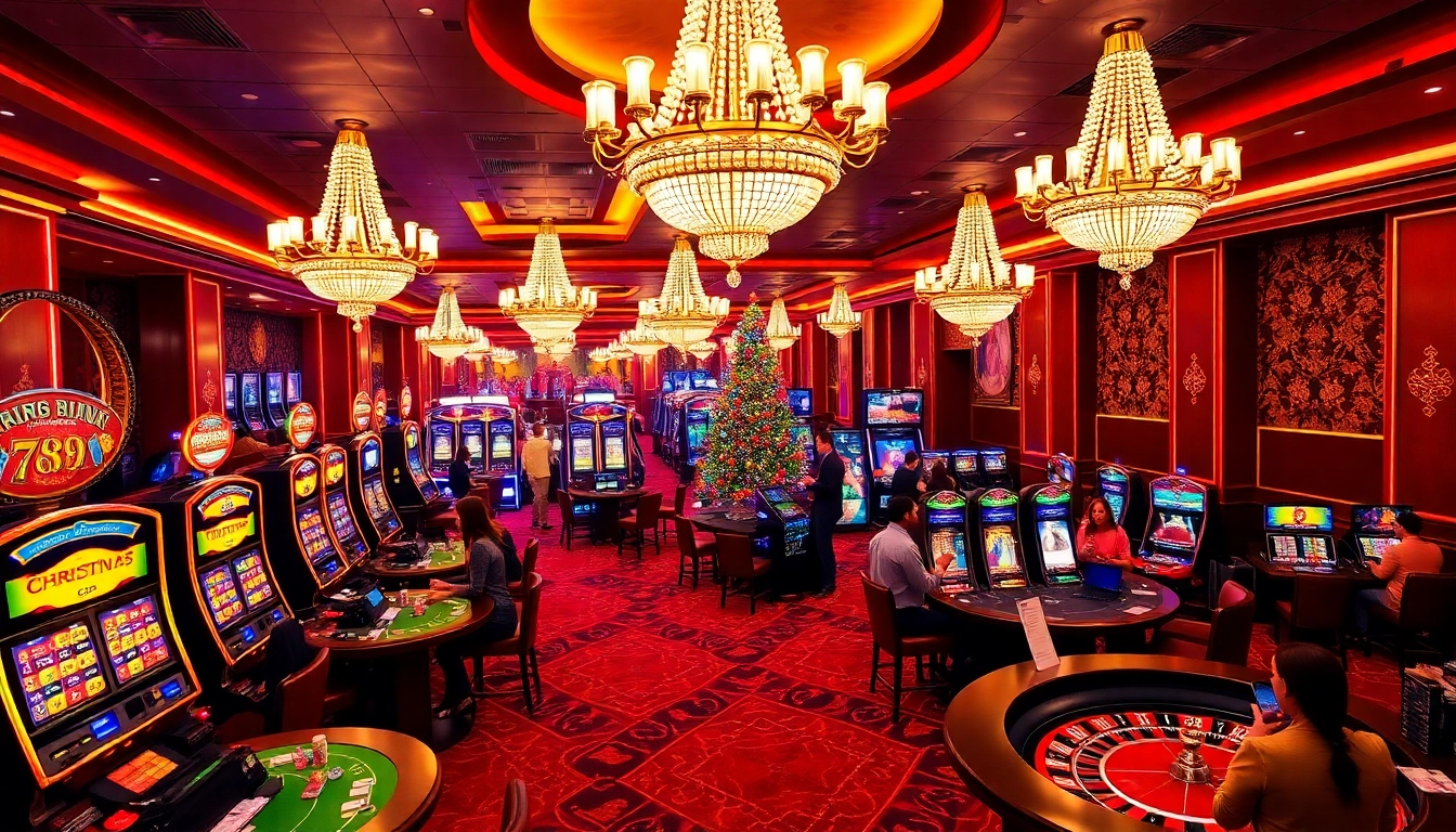 A vibrant scene from https://789wins1.net/ showcasing enthusiastic players at a luxury casino with festive Christmas elements.