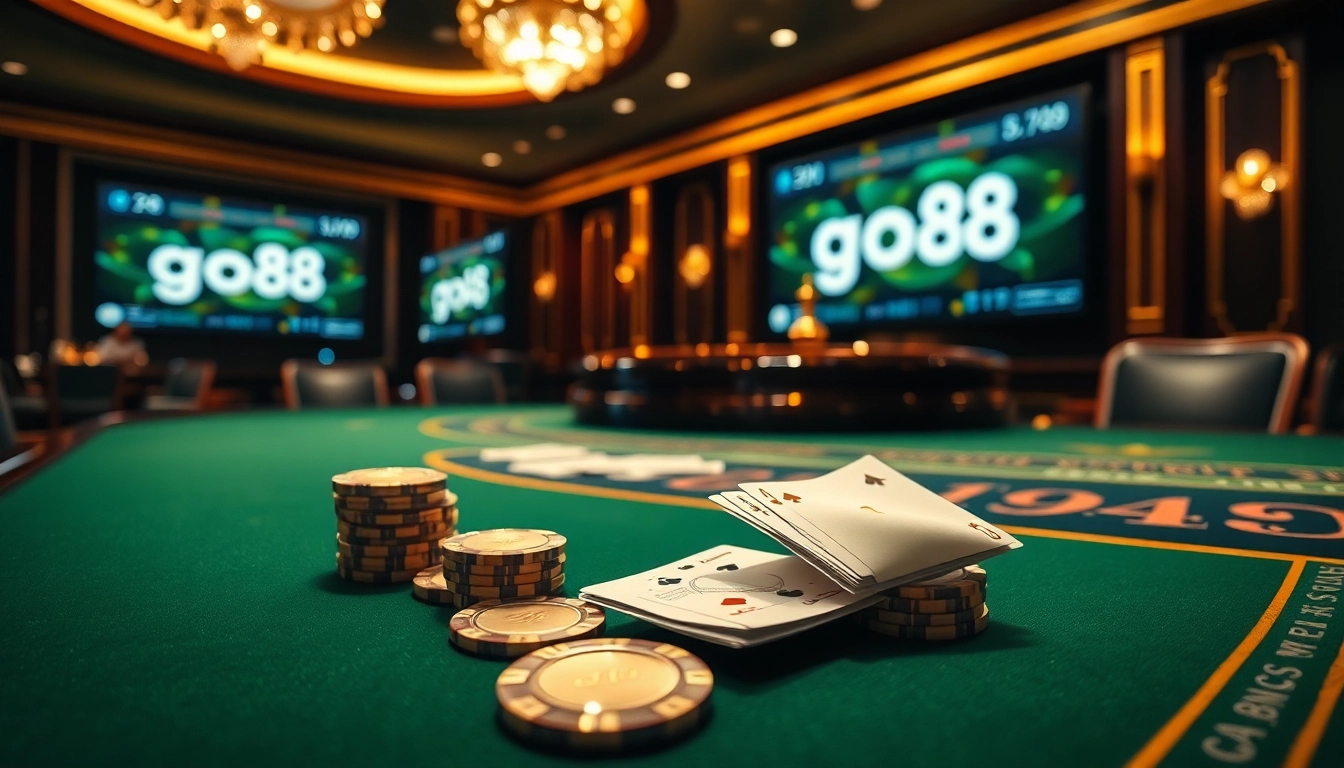 Engaging players at a go88 casino table filled with vibrant poker chips and playing cards.
