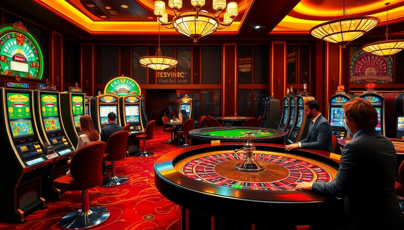Exciting casino scene with players enjoying games at https://789club.quest/ featuring vibrant roulette wheels and slot machines.