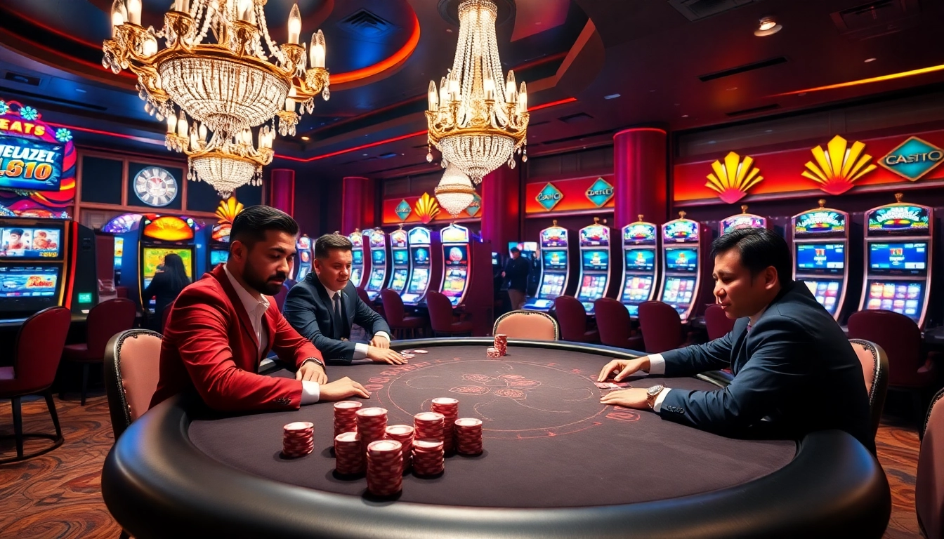 Experience the excitement of gambling at Daftar Modal138 with a luxurious poker table and vibrant casino backdrop.