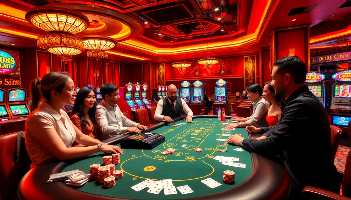 Players enjoying a high-stakes poker game at GO88 – https://go88.fast/, surrounded by vibrant casino elements.