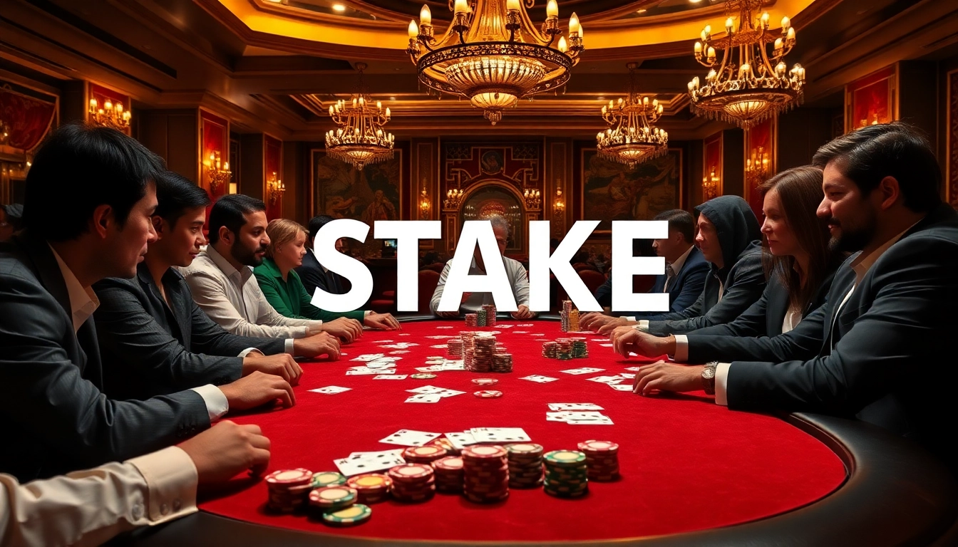 שחקנים מהמרים עם Stake סביב שולחן פוקר יוקרתי בקזינו תוסס וצבעוני