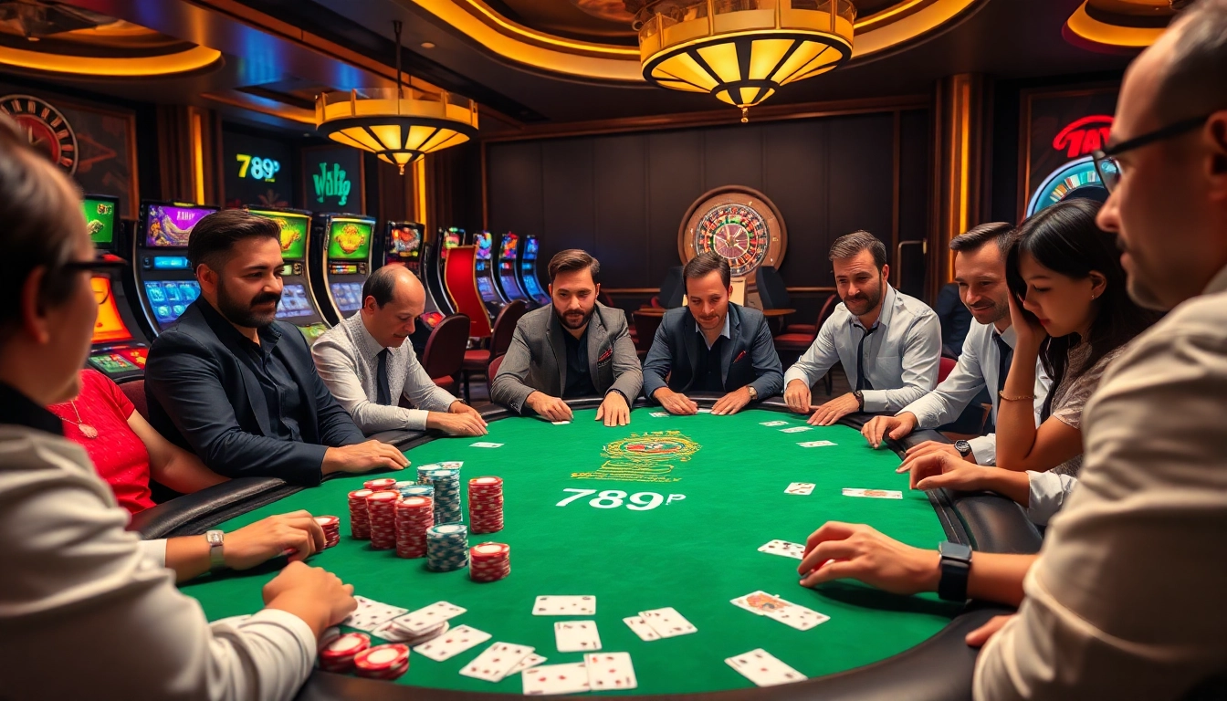 Players enjoying a high-stakes game at a professional poker table featuring 789P branding.