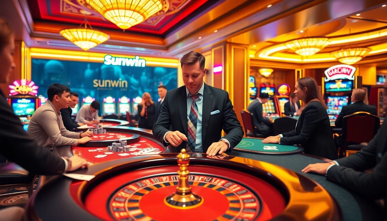 Players enjoying thrilling games at Sunwin's luxurious casino, surrounded by vibrant atmosphere.