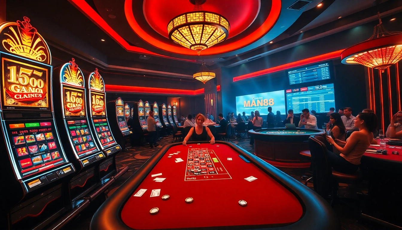 Man88 live casino excitement with poker table, slot machines, and roulette wheel.