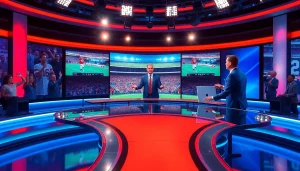 Engaging sports broadcasting studio showcasing a lively sports anchor delivering updates.
