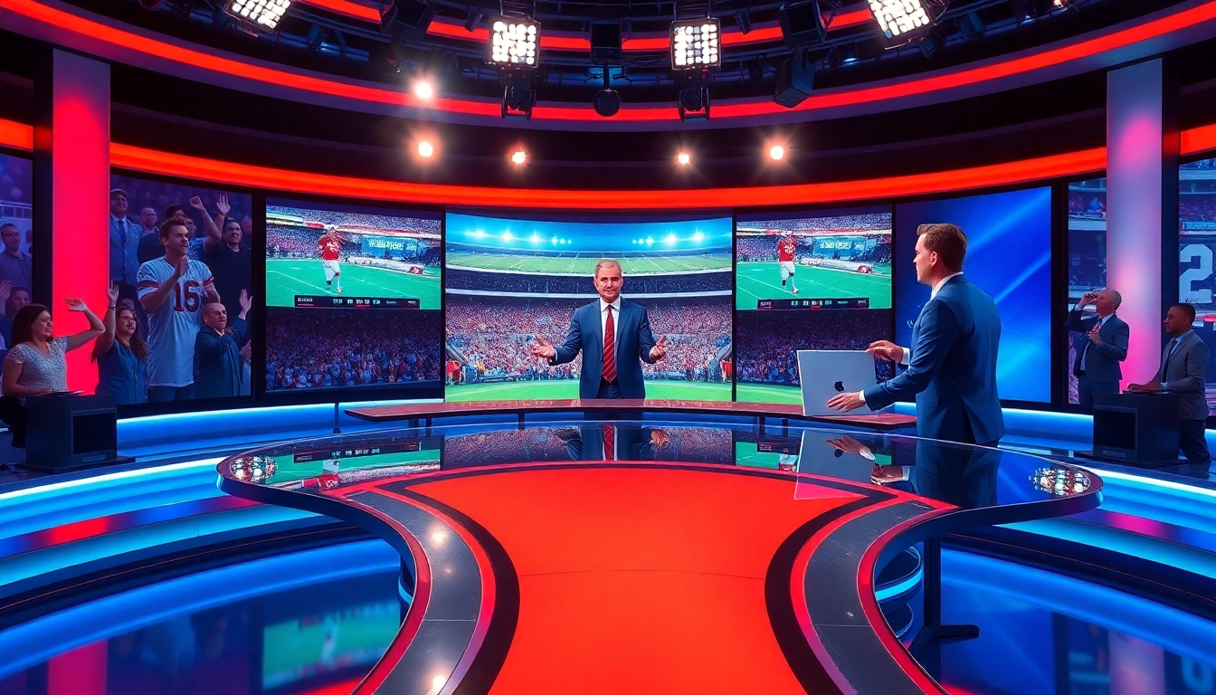 Engaging sports broadcasting studio showcasing a lively sports anchor delivering updates.