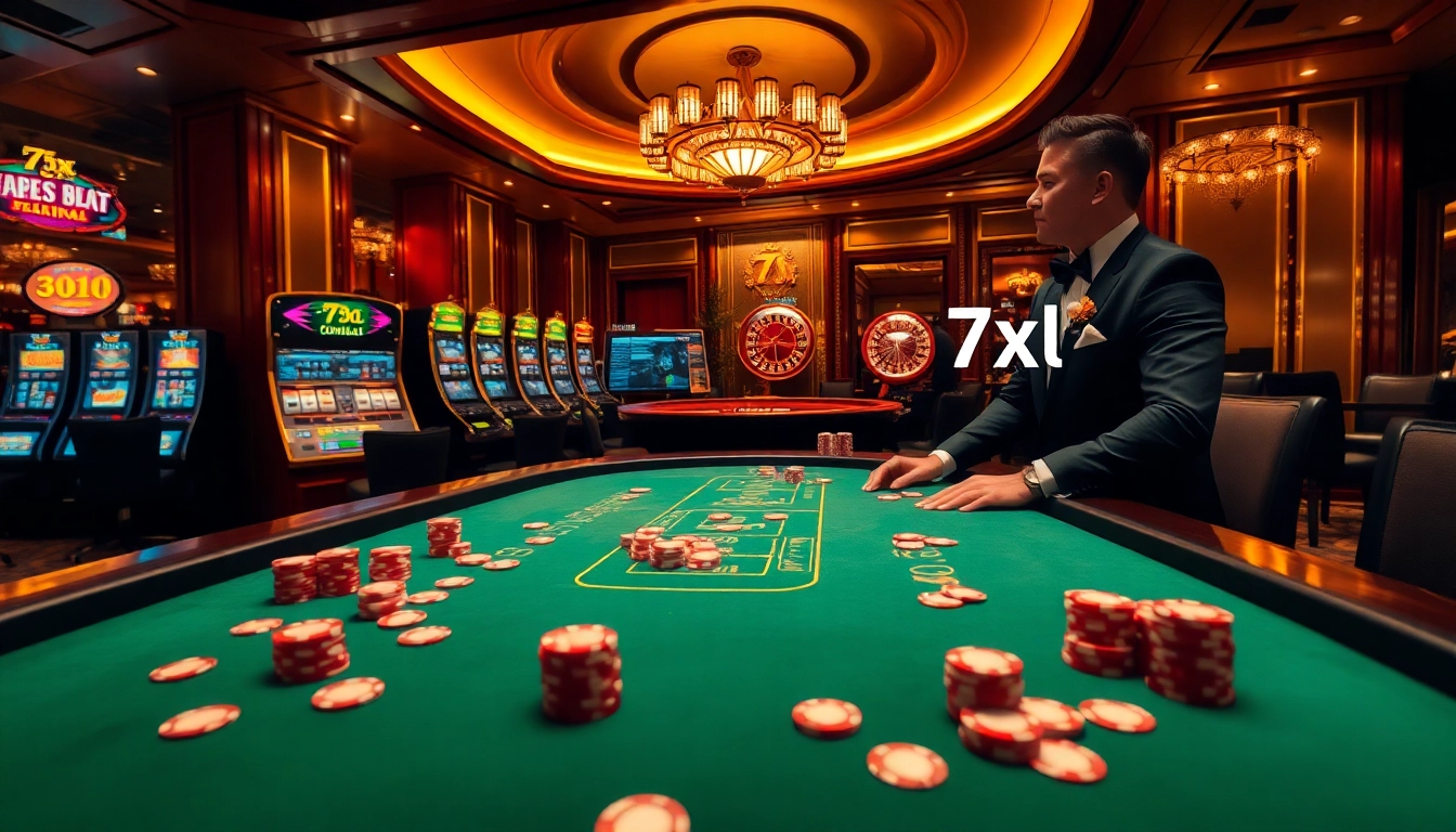 התרגשו מההתרגשות של הורדת 7xl על שולחן פוקר יוקרתי, מוקף באלמנטים של קזינו.