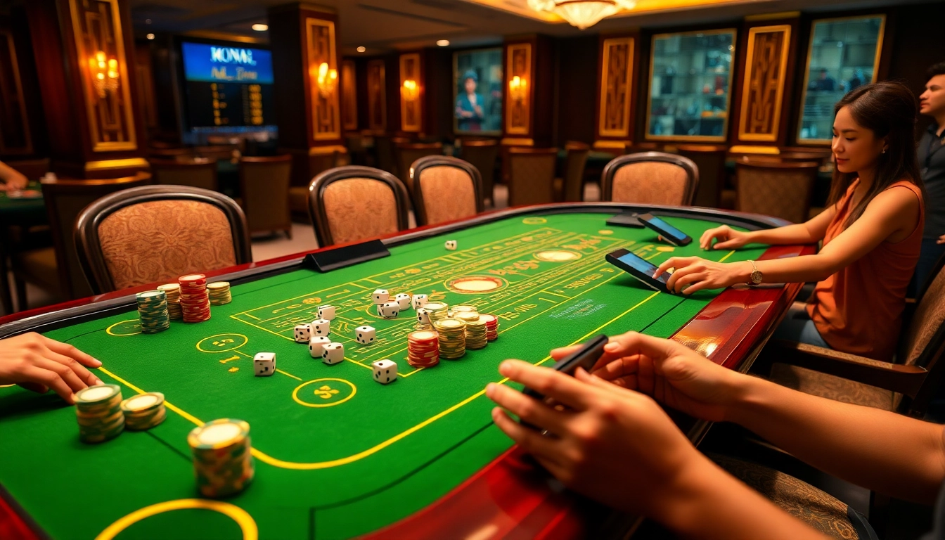 Tài Xỉu Online game table with players engaging in a thrilling gambling experience, featuring colorful chips and dynamic dice action.