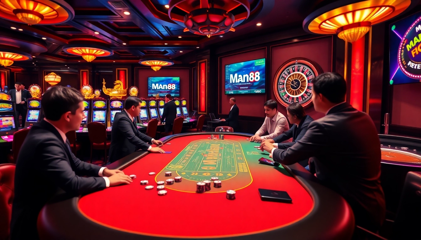 Experience the excitement of gambling at Man88 with a vibrant poker scene showcasing professional players.