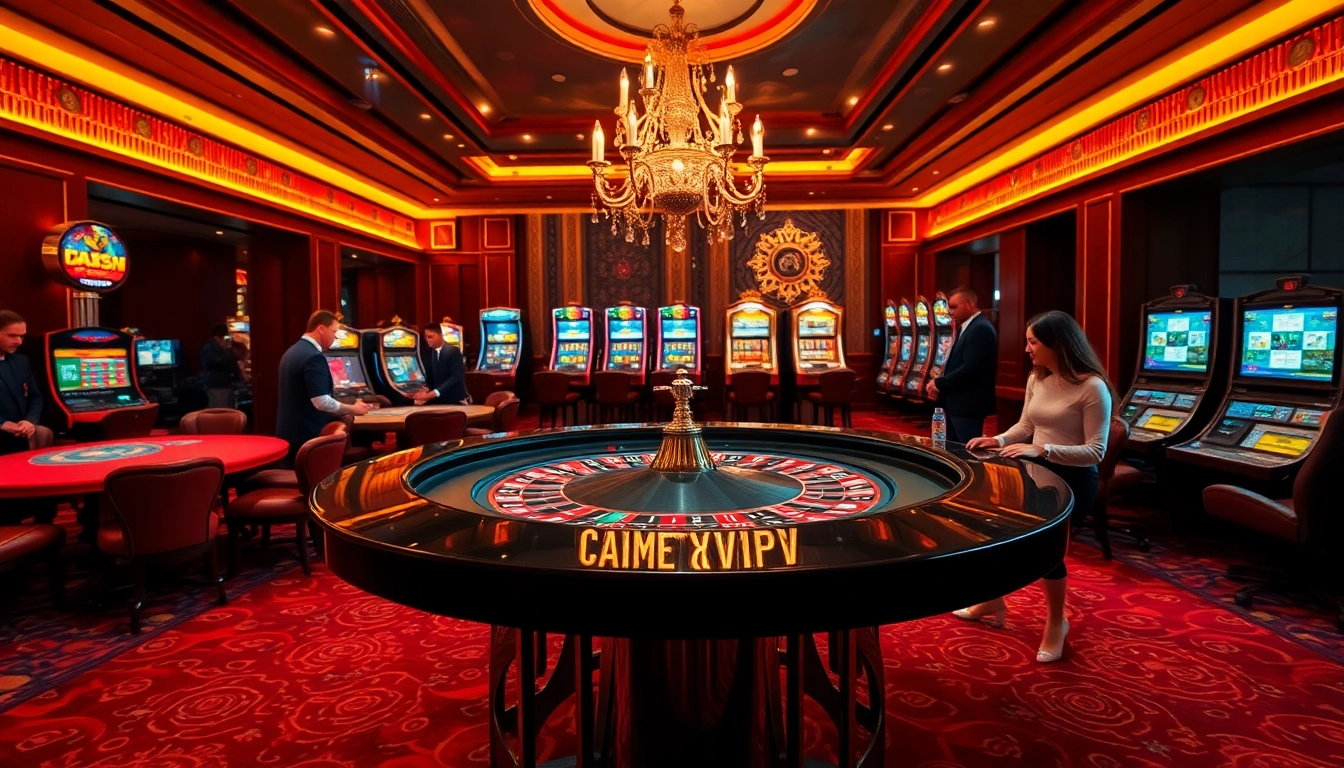 Players enjoying classic casino games at https://fly88-vi.com/, with vibrant roulette tables and slot machines.