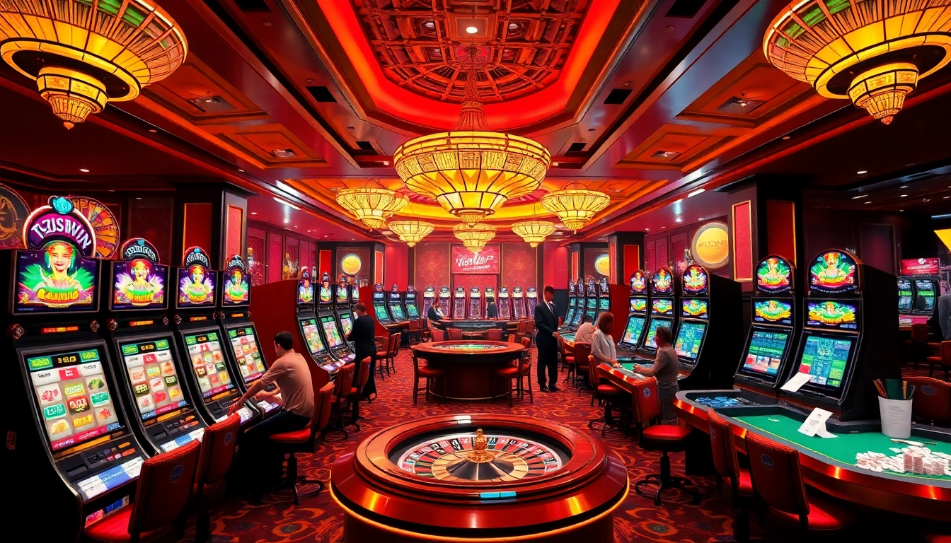 An engaging casino scene showcasing 789WIN with players around tables, vibrant slot machines, and a spinning roulette wheel.