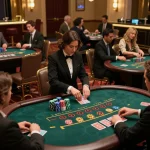 Engaged players at tg88 blackjack table demonstrating strategic betting techniques in upscale casino environment.